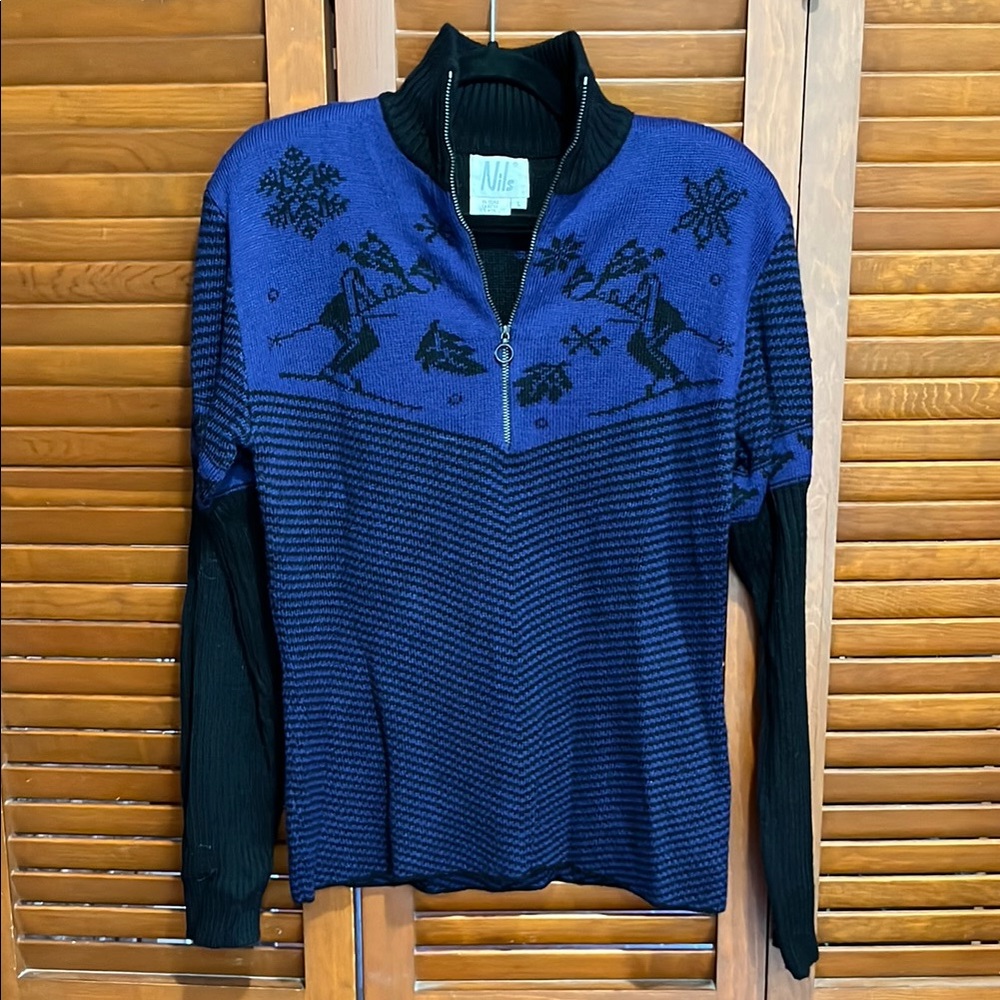 NILs Blue and Black Half-Zip Ski Sweater